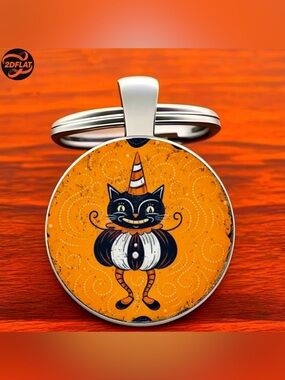 New Vintage Style Black Cat Halloween Keychain